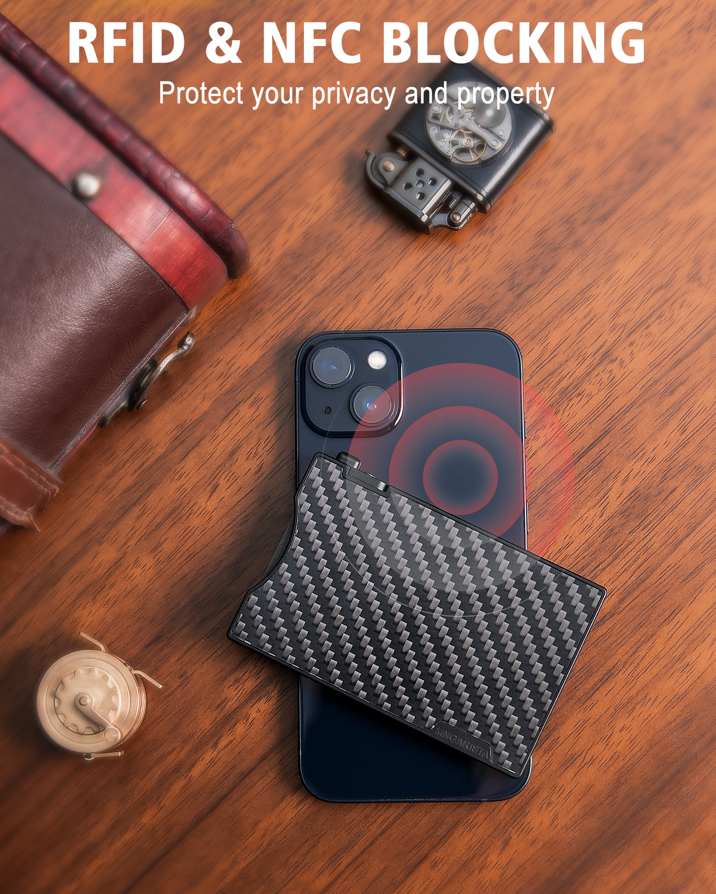 Mngarista pop-up metal card holder wallet, black secrid metallic, RFID & NFC blocking, iphone. On the woodgrain table