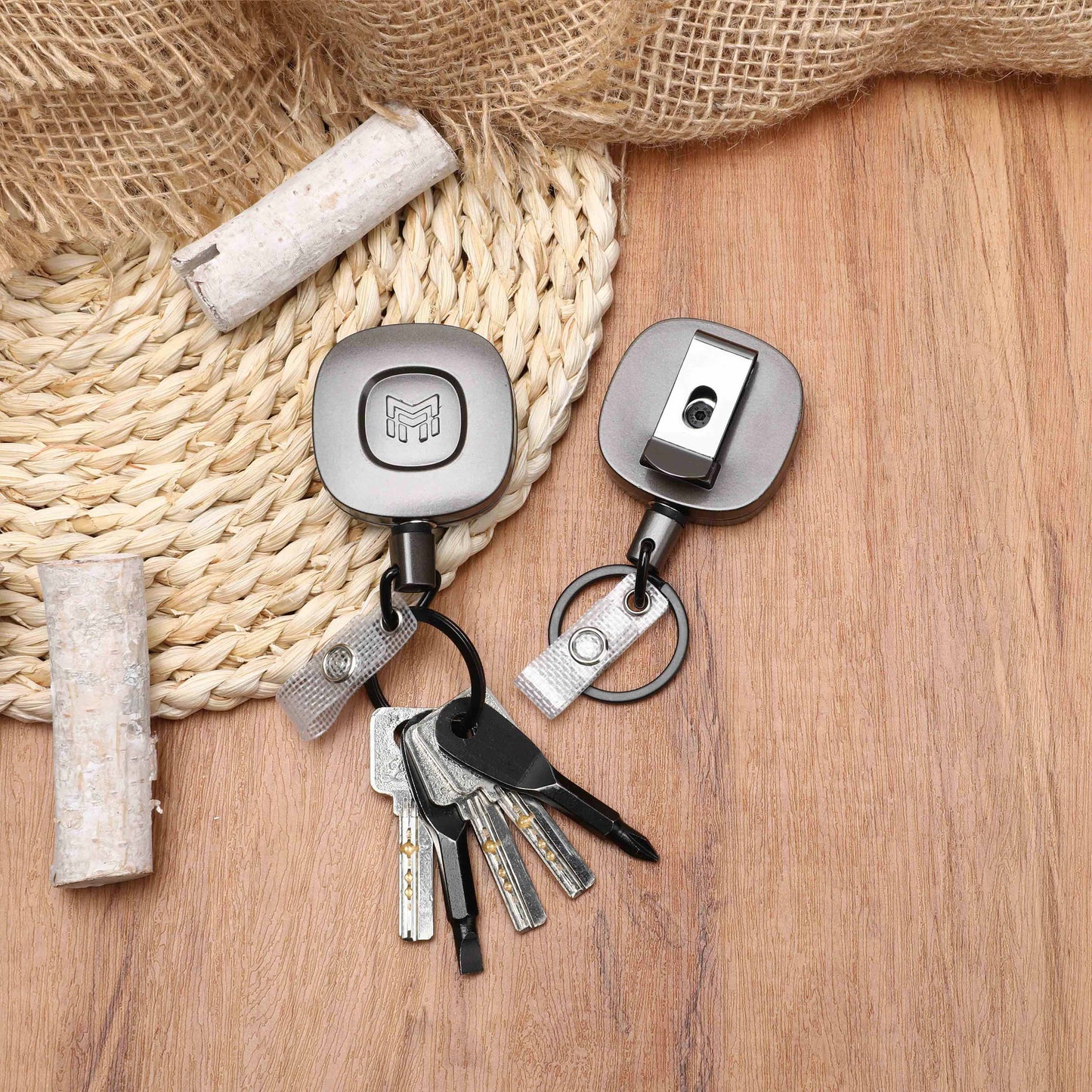 MNGARISTA-Heavy-Metal-Retractable-Keychain, usage scenario, Keychains, corks, woven placemats, woven cloth