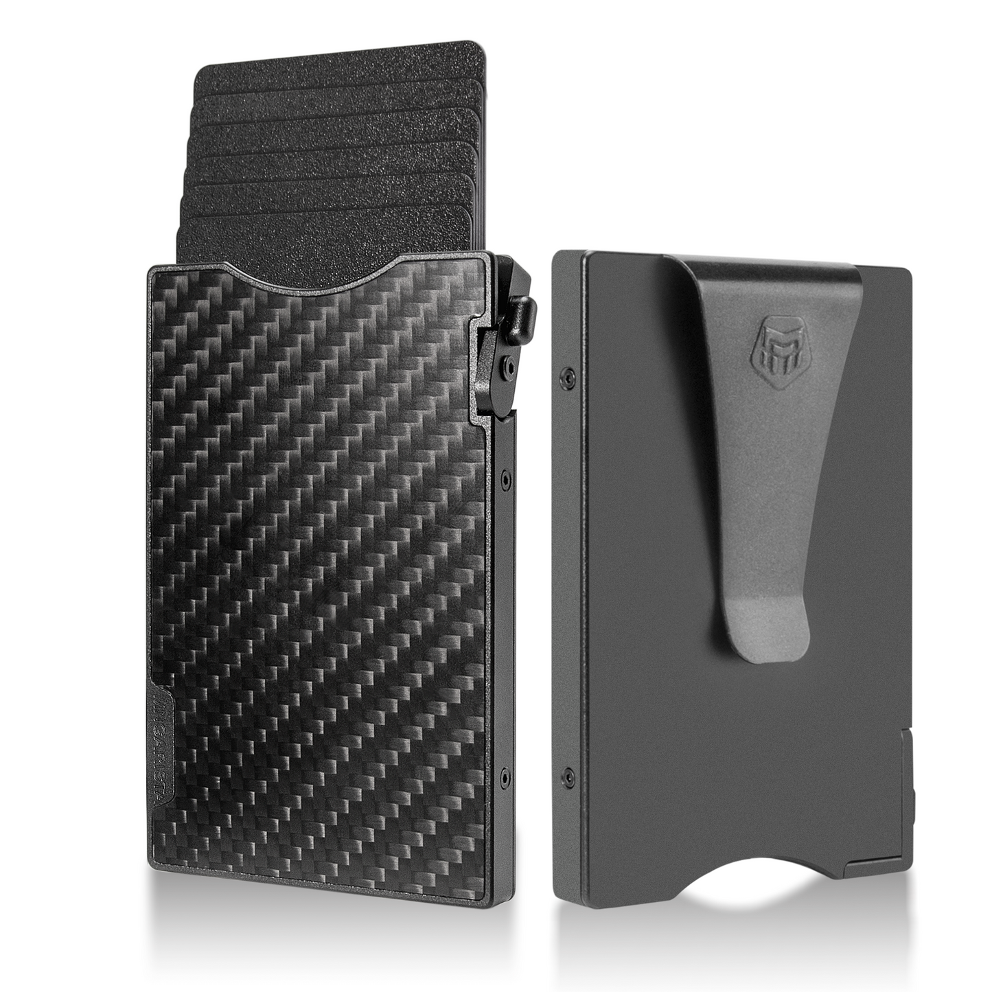 Mngarista pop-up metal card holder wallet, black secrid metallic, Holding 6 cards