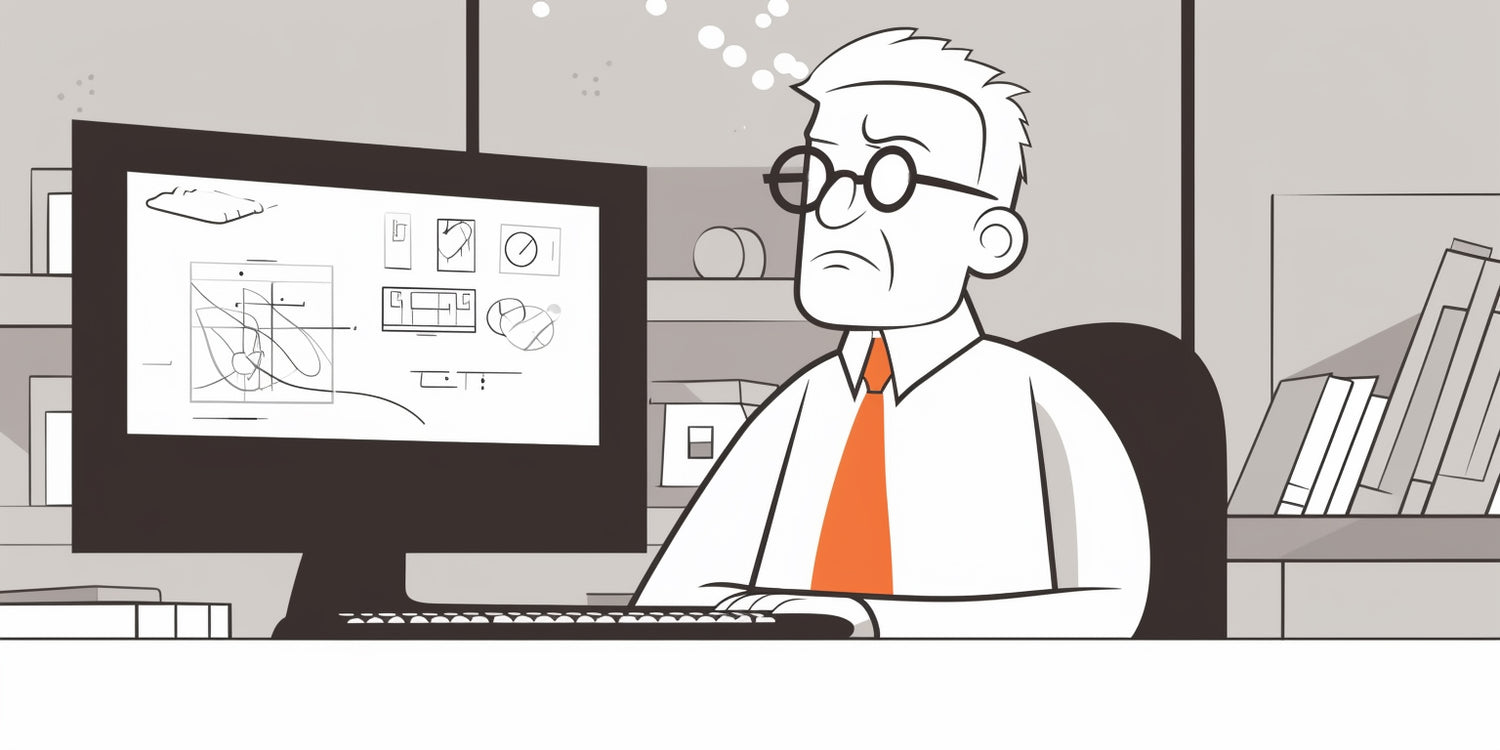 Man frowning sits at his desk with amazon shopping on monitor, flat style illustration form, black and white gray orange
