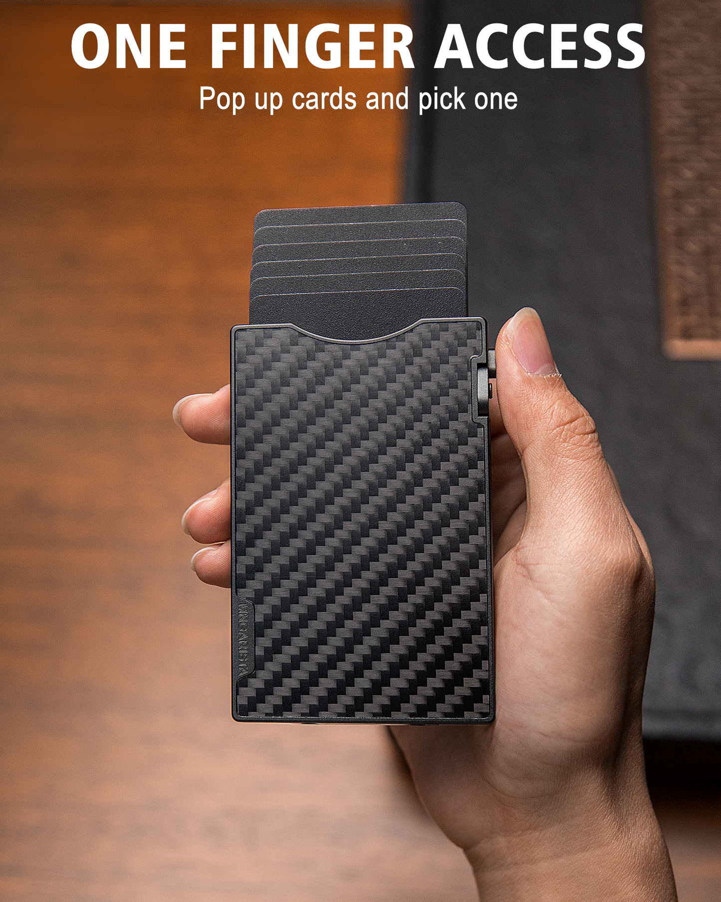 Mngarista pop-up metal card holder wallet, black secrid metallic, Holding 6 cards, one finger access. hold in a hand