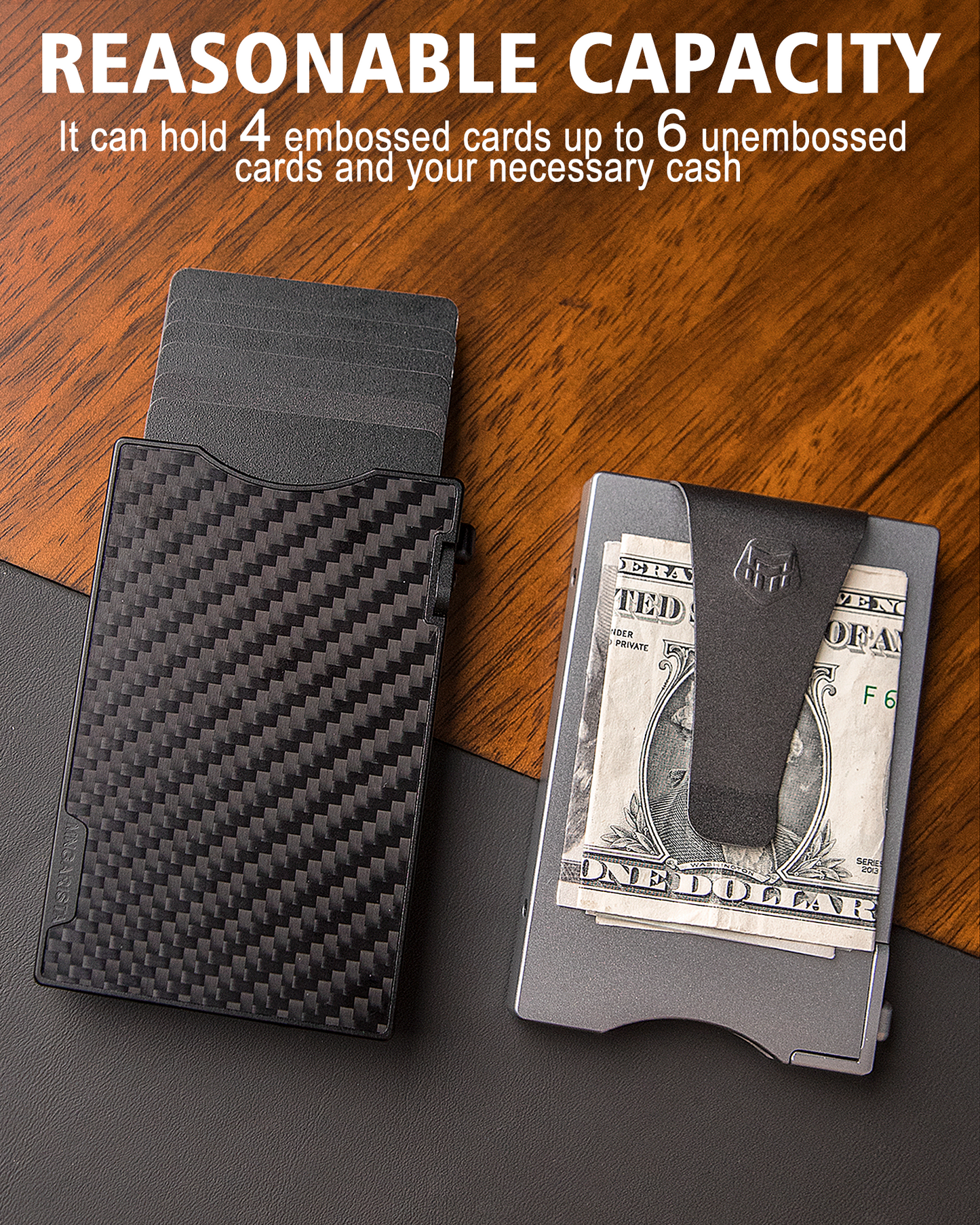 Mngarista pop-up metal card holder wallet,black secrid metallic, Holding 6 cards, Clip the dollars. On the woodgrain table
